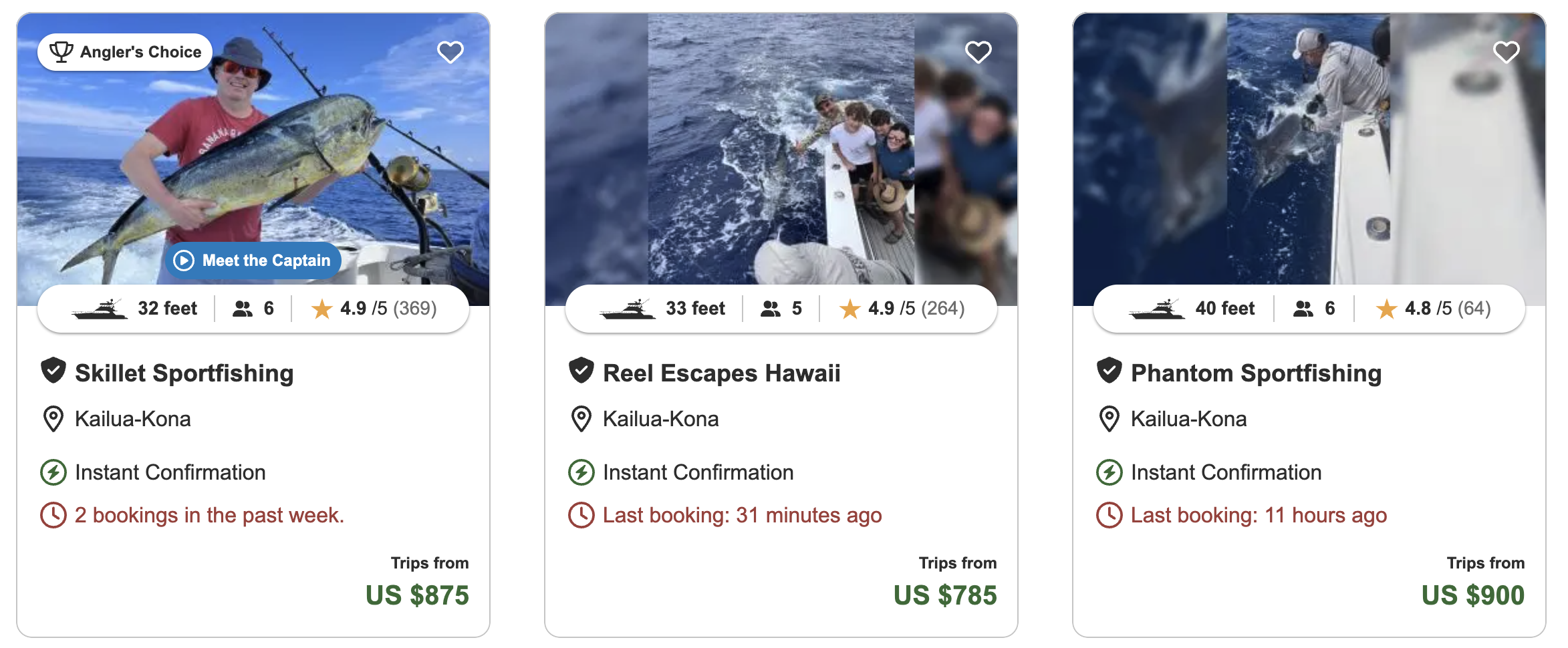 Three separate fishing tour listings from Kailua-Kona, Hawaii. The first shows a person holding a large fish with a fishing rod, labeled 'Angler's Choice.' The second features a group of people on a boat in the ocean, and the third depicts a person on a boat preparing to catch a fish. Each listing provides details such as trip difficulty, height, number of people, ratings, location, confirmation type, recent bookings, and starting prices in US dollars.