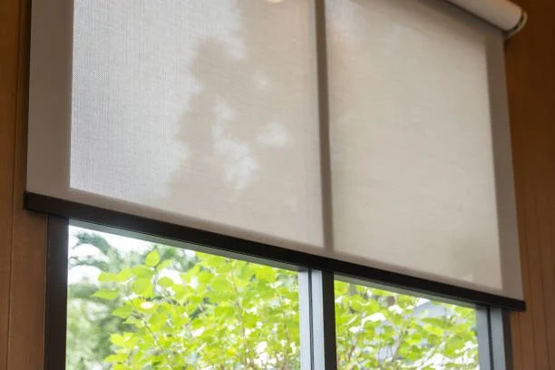 Close-up of a window with two beige fabric blinds partially rolled down, with green foliage visible outside.