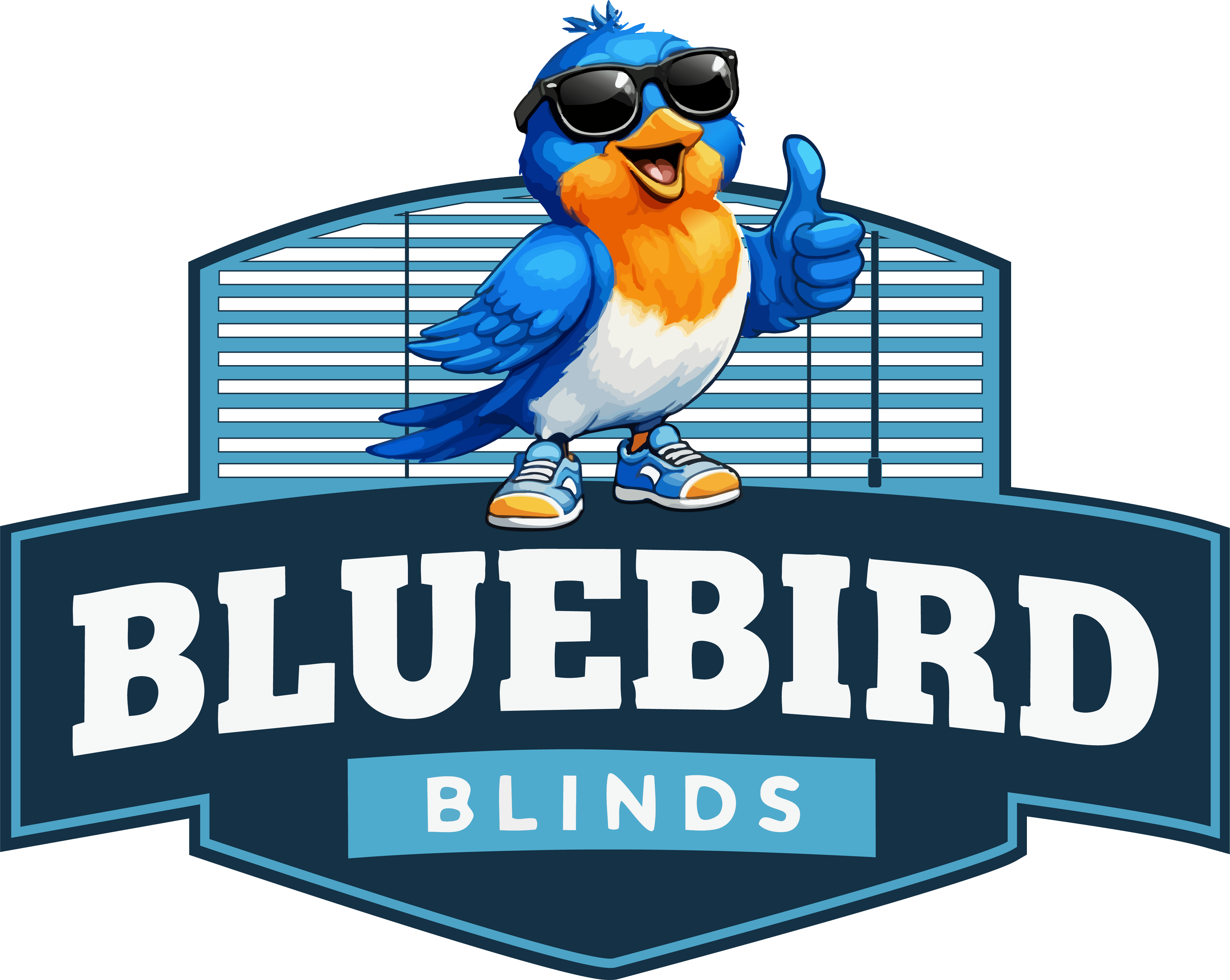 A cartoon bluebird character wearing sunglasses and sneakers, giving a thumbs up, standing above the text "Bluebird Blinds" with a stylized building or sunshade in the background.