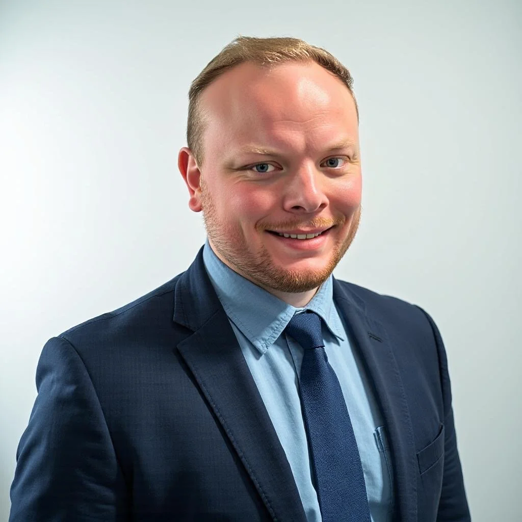 A man dressed in a dark blue suit, light blue shirt, and matching tie, smiling against a plain white background.