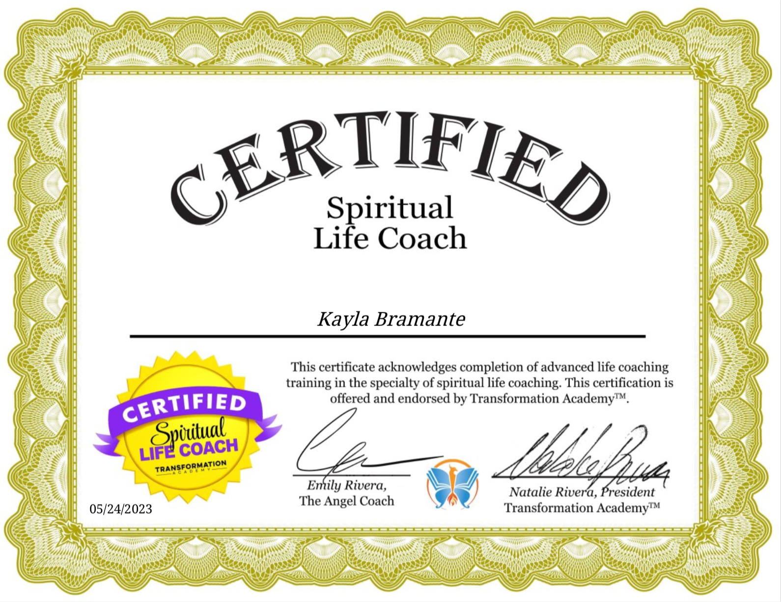 Certificate with gold border, endorsement for becoming a Spiritual Life Coach, awarded to Kayla Bramante, signed by Emily Rivera and Natalie Rivera, dated 05/24/2023, featuring a purple and yellow certification badge.