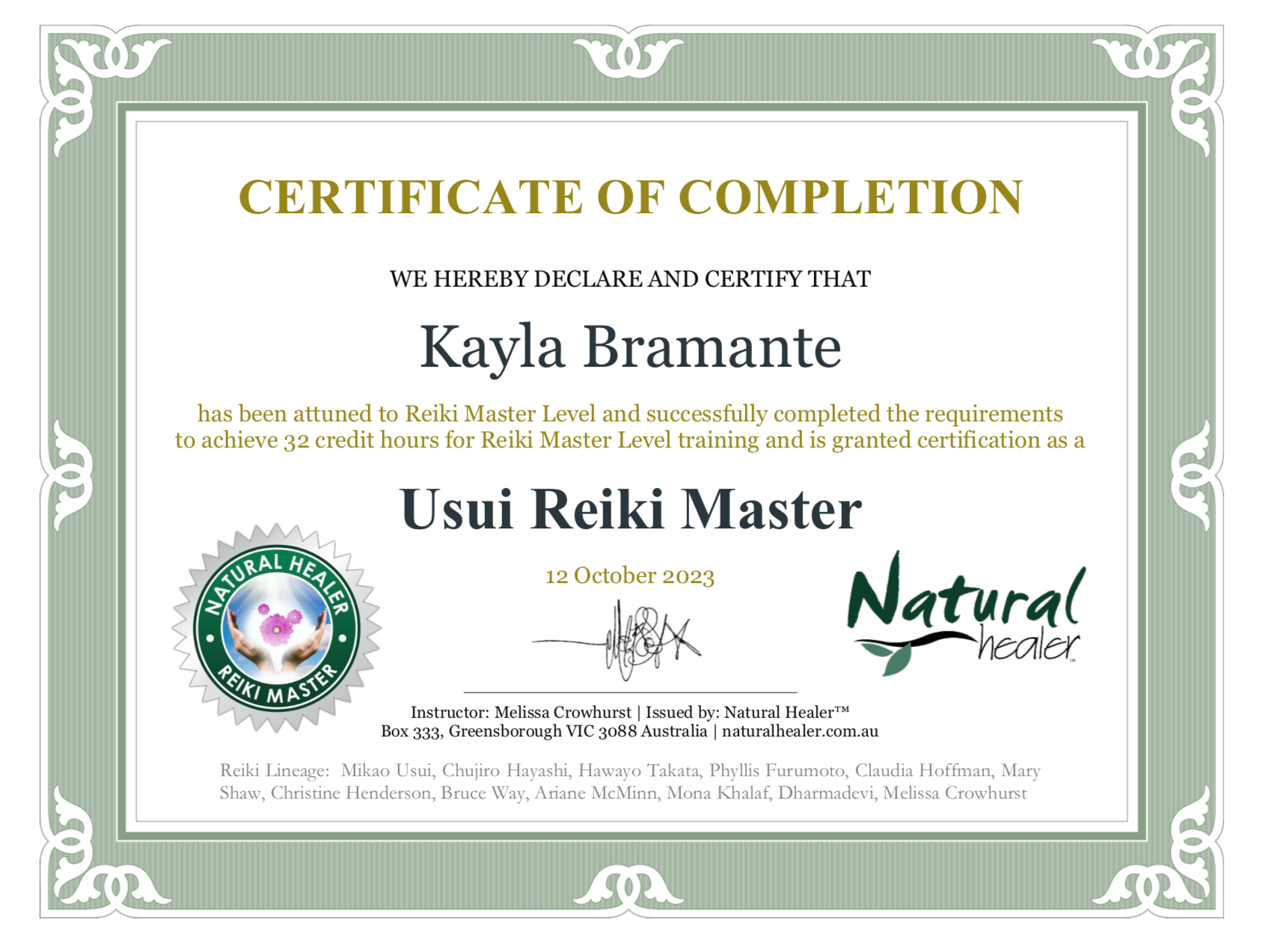 Certificate of completion awarded to Kayla Bramante for Reiki Master Level training, dated October 12, 2023, issued by Natural Healer, featuring green decorative borders, signatures, and logos.