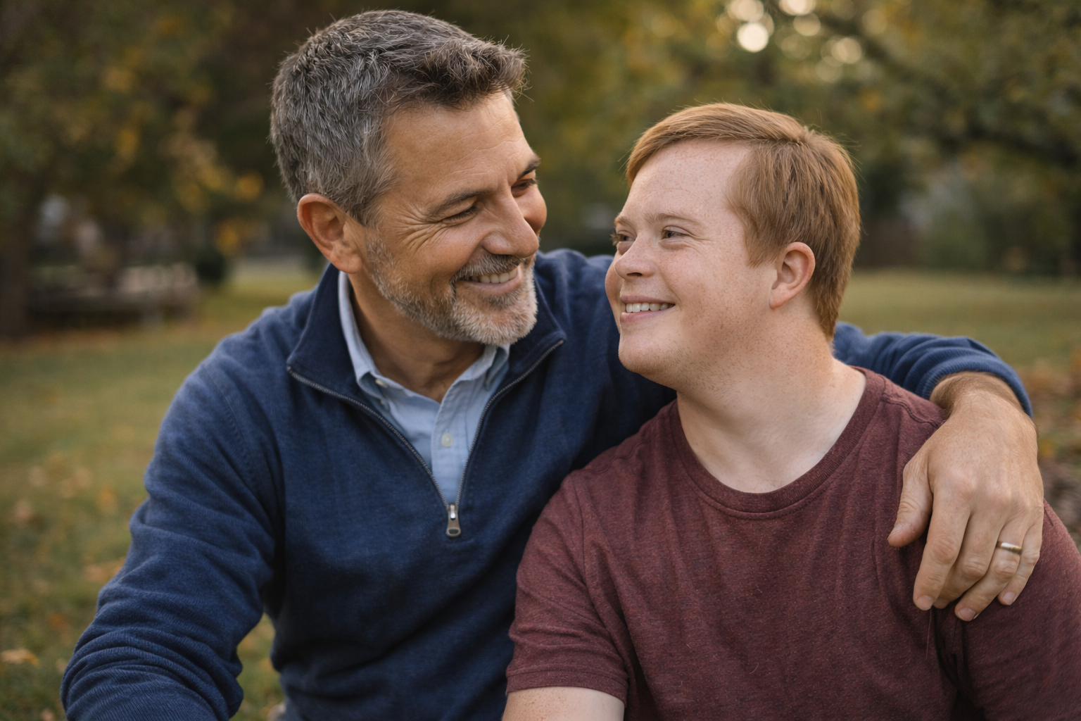 An older man and a young man smiling and looking at each other outdoors in a park with autumn trees in the background.