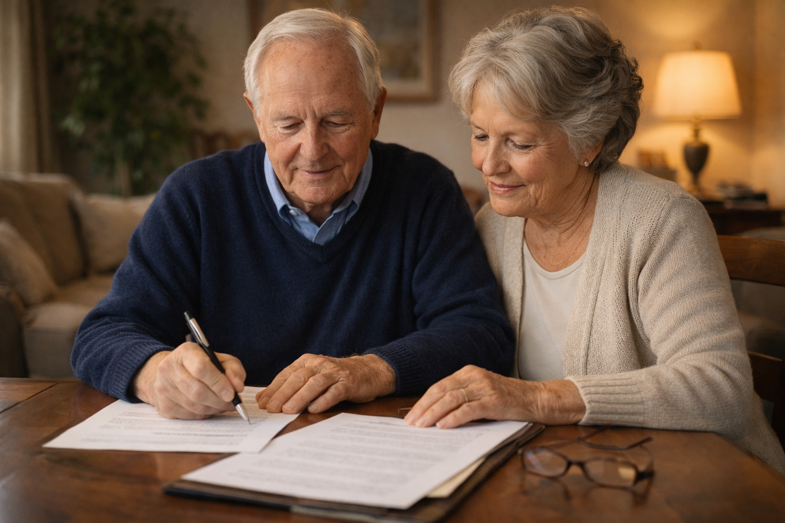 Elderly couple reviewing documents and signing paperwork at a wooden table in a cozy living room.