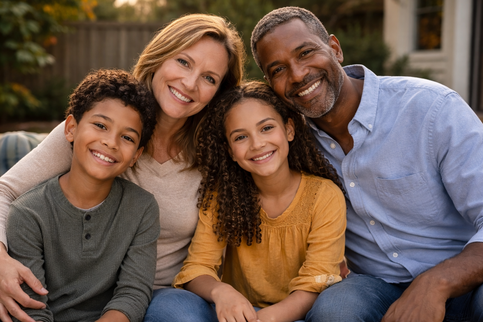 Family of four smiling outdoors, including a woman, a man, a boy, and a girl, in a backyard with autumn foliage.