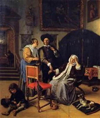 A woman in a black dress and white shawl reclines on a chair, resting her head in her hand. A man in a dark suit and a wide-brimmed hat sits beside her, with a woman standing next to him in a long dress. A child sits on the floor playing with a toy, and a small dog lies nearby.