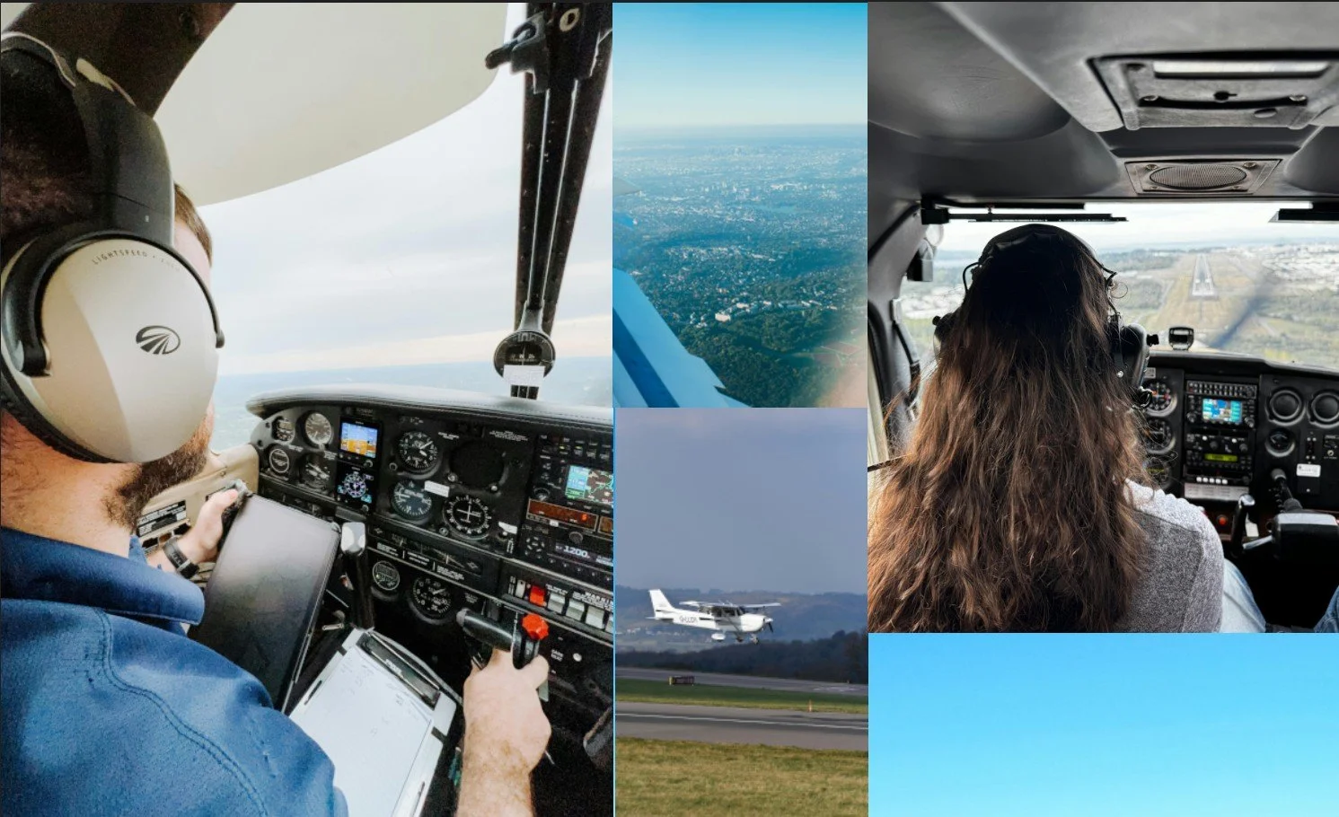 Composite of aviation images including two pilots inside aircraft cockpits, view from the cockpit showing the runway, an aerial view of a cityscape, and an aircraft taking off or landing on a runway.