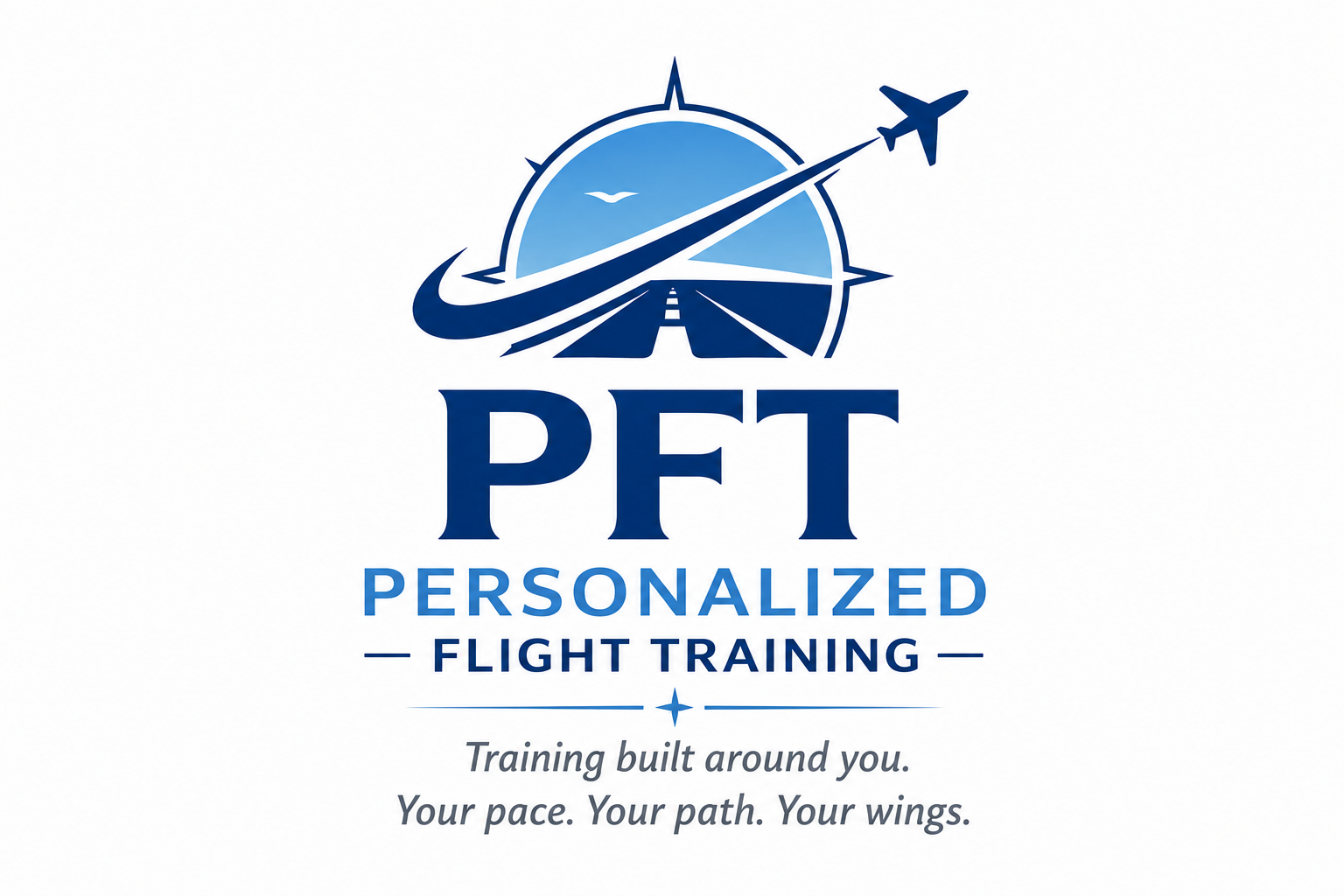 Logo for PFT Personalized Flight Training with a stylized airplane and a sunrise or sunset background, and the tagline "Training built around you. Your pace. Your path. Your wings."