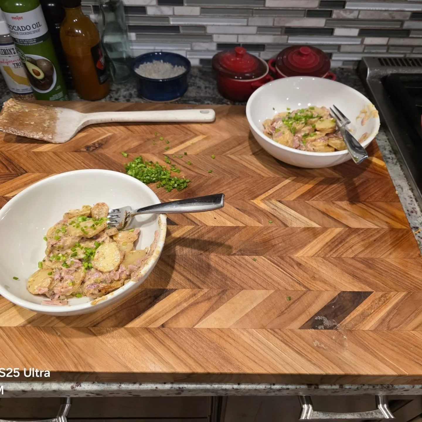 Easter dinner for two! Chopped potatoes and Baby Duke yellow potatoes with chopped Black Forest Ham and pickled jalape&ntilde;o and dill pickles with a homemade ranch dressing. Take out. Top with a sprinkle of parm. Cook for about 35. Rest for 5 minu