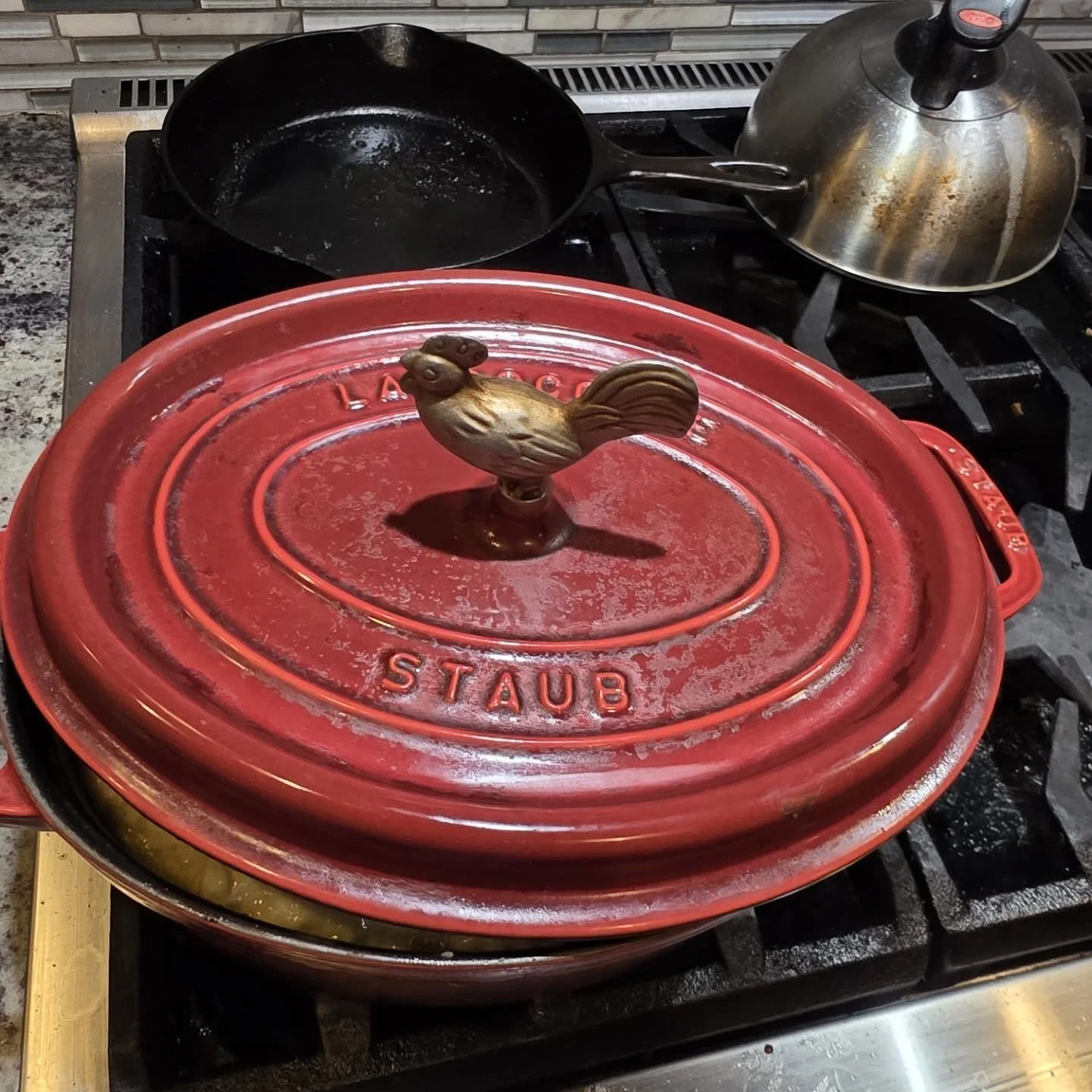 We have been "upskilling" on @allrecipes videos for a couple months. Tonight we tested their "Slow Cooker Chicken and Dumplings." (Link in comments.) Mind you we used our #staub .  Let me just say we both were brought back to chil