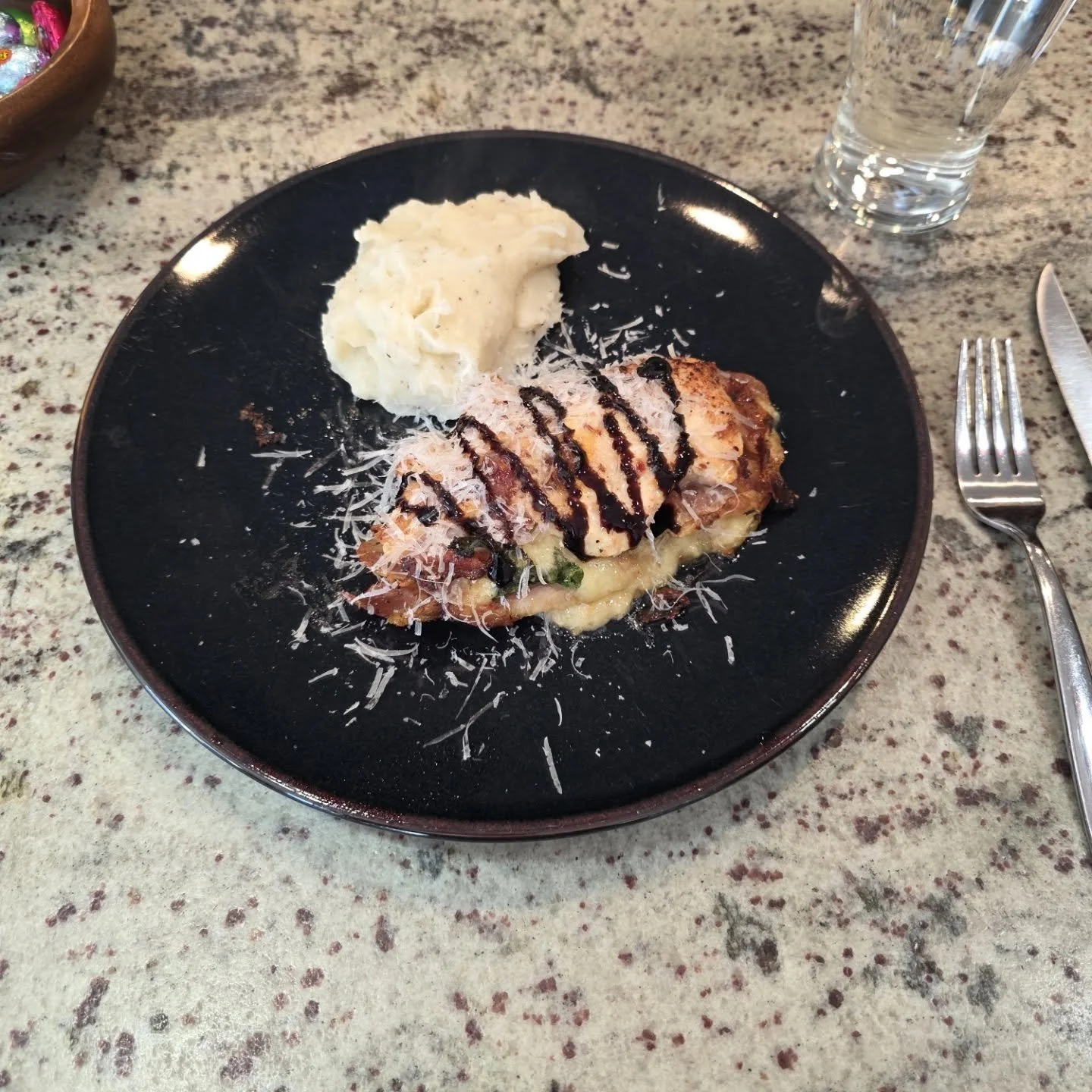 Butterflied chicken with spinach, prosciutto, mozzarella, and balsamic glaze grilled then baked chicken with mashed potatoes (Irish Guacamole).