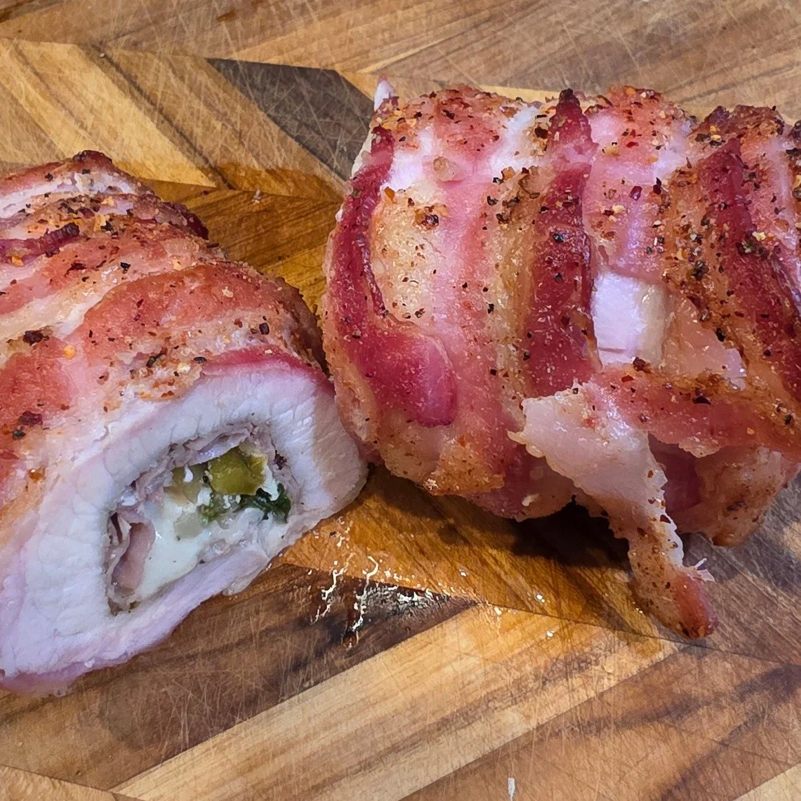 Try this bacon wrapped butterflied and rolled pork loin for dinner. Message us for recipe.