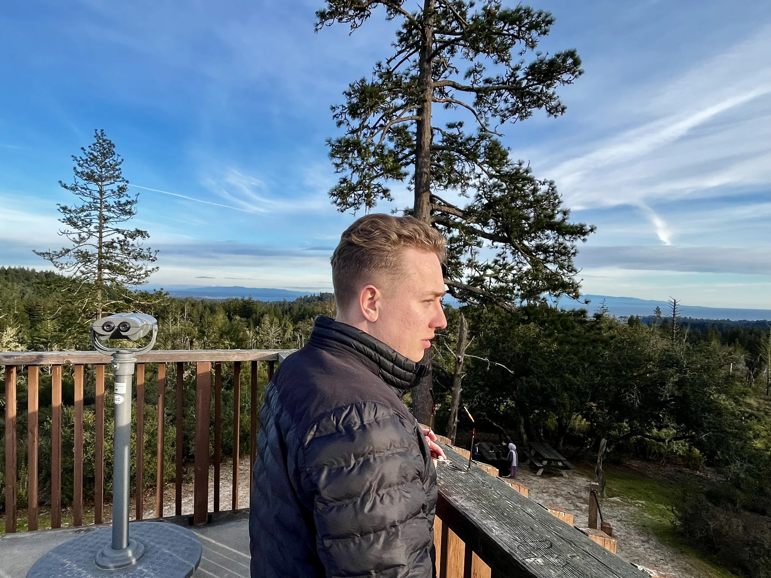 A man with short, light-colored hair in a dark jacket stands on an outdoor observation deck, looking to the right. The deck has a wooden railing and is surrounded by tall trees, with a scenic view of a forest, distant mountains, and a partly cloudy sky in the background. A coin-operated binocular viewer is on a stand to the left of the man, and a few people are visible below in the forest area.
