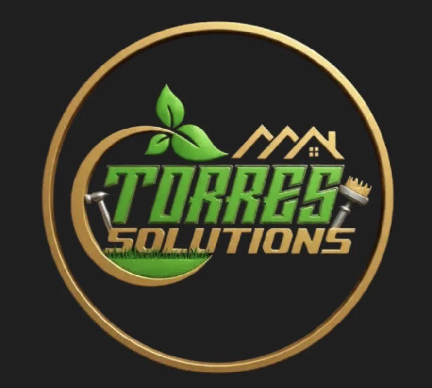 Logo for Torrres Solutions featuring green leaves, a house, a golf hole with a flag, and gardening tools, all inside a gold circular border on a black background.