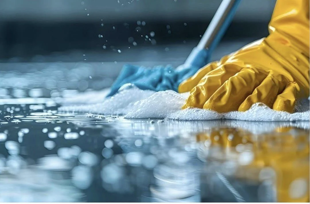 Close-up of a person wearing yellow gloves and a blue sleeve cleaning a glass surface with a squeegee, creating soap suds and water droplets.