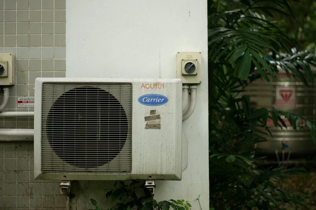 Outdoor air conditioning unit with Carrier logo mounted on a wall, surrounded by greenery.