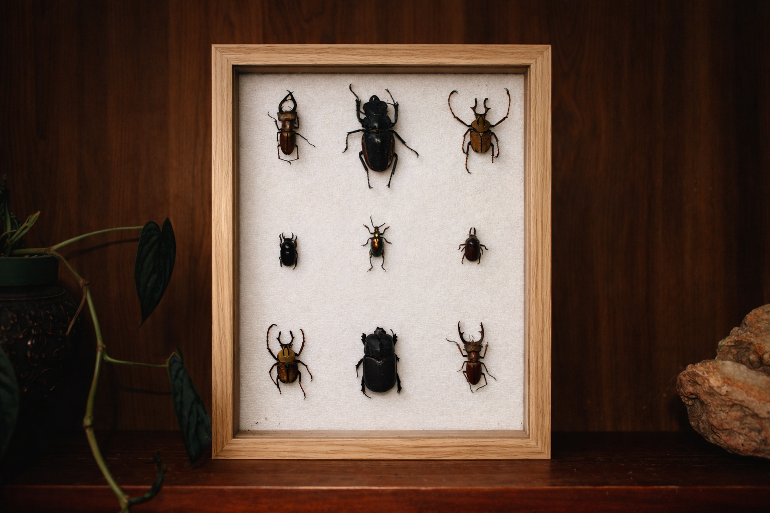 Cabinet of Curiosities: Preserved Beetle Study in Natural Wood Frame