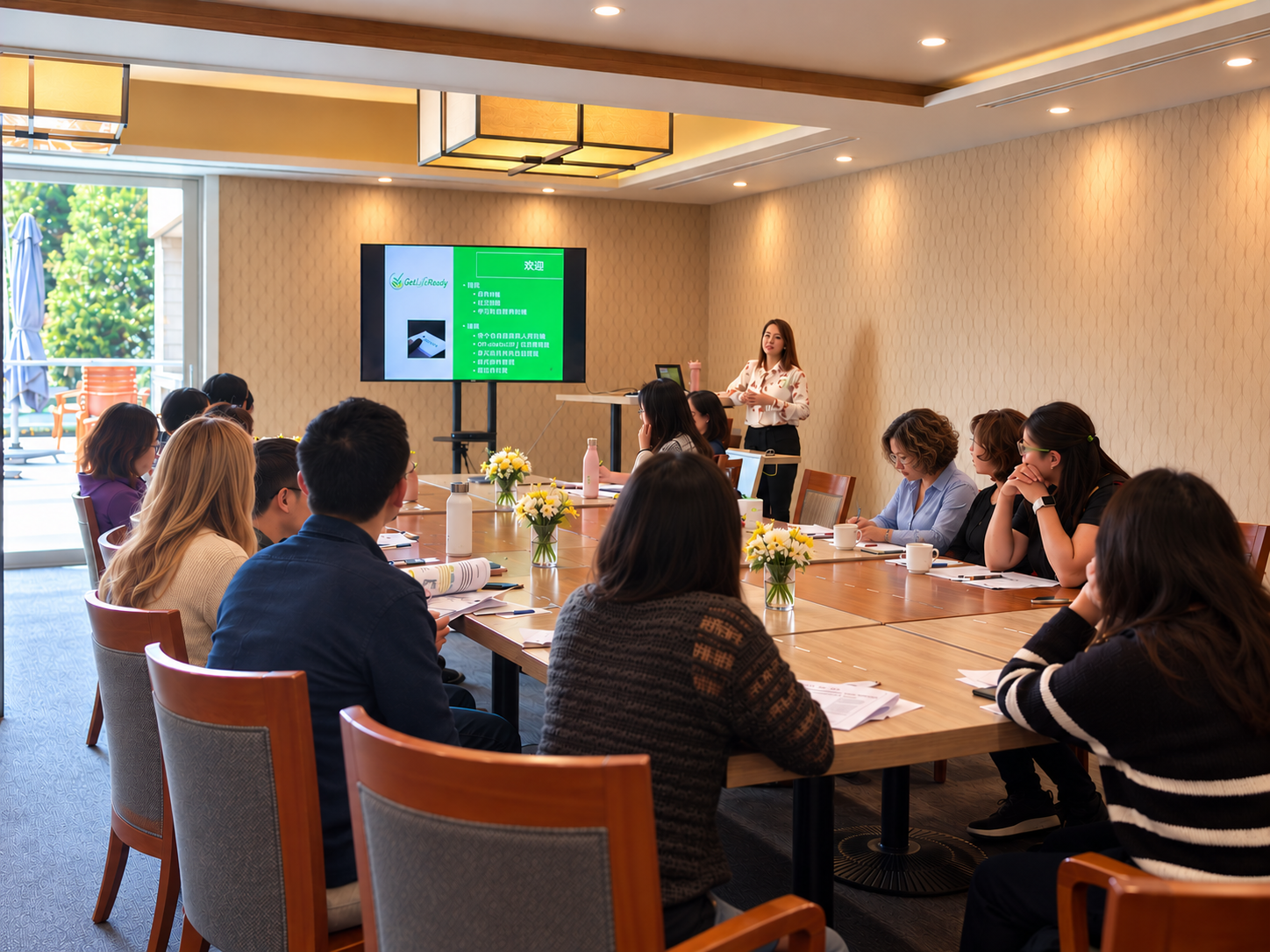 A presenter leading a workshop with participants seated around a table, following a presentation and taking notes.