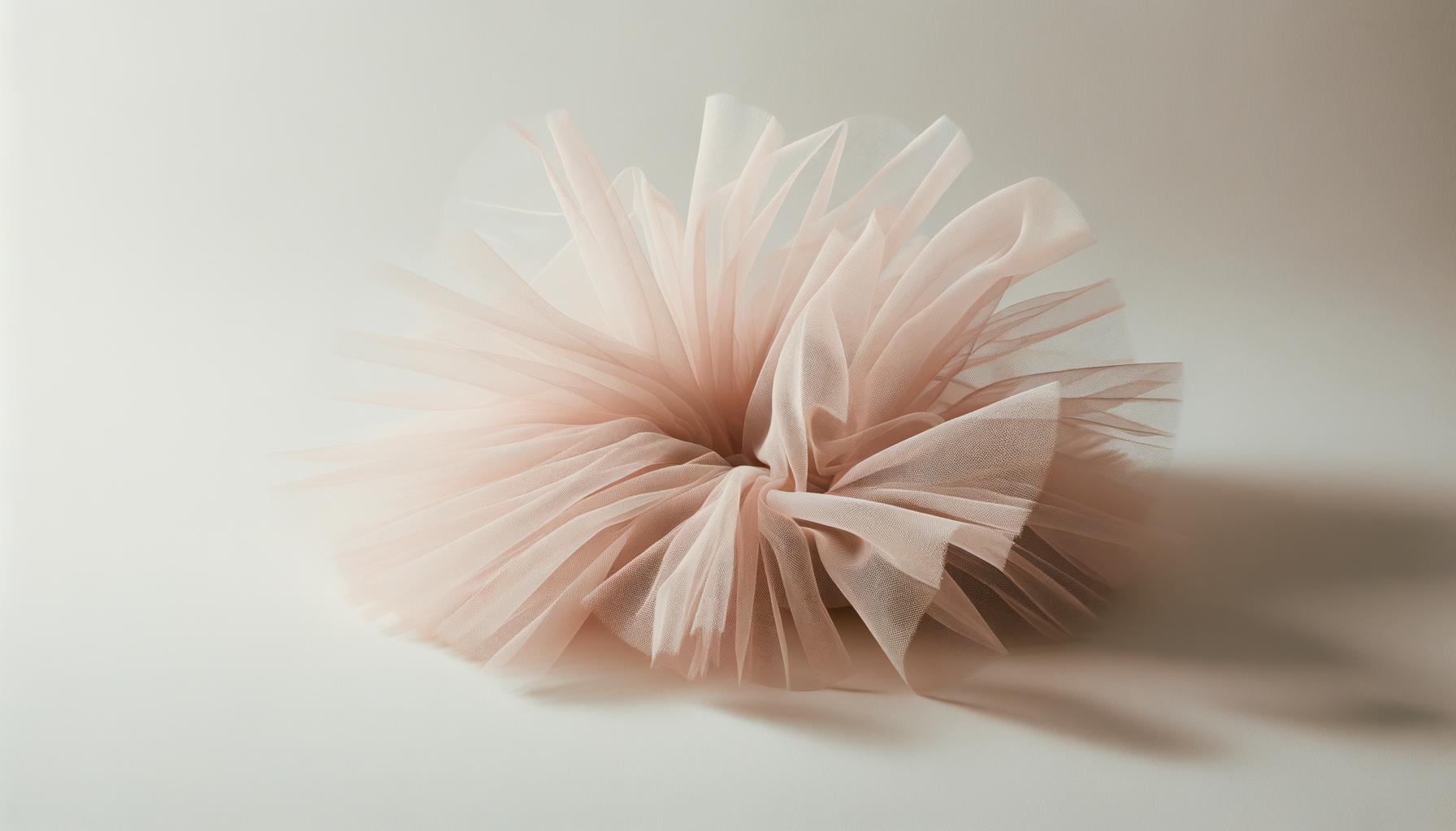 A soft pink tulle fabric arranged in a circular, flower-like shape on a light background.