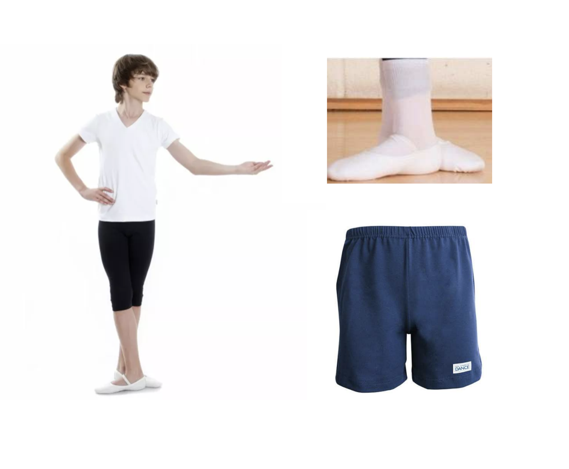 shows the boys uniform items including white tshirt white ballet shoes and navy ballet shorts