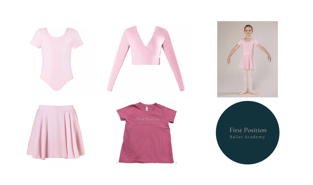 display of first position ballet academy uniform including leotard skirt and cross over cardigan in ballet pink a charity pink branded tshirt and dancer in the unifrm