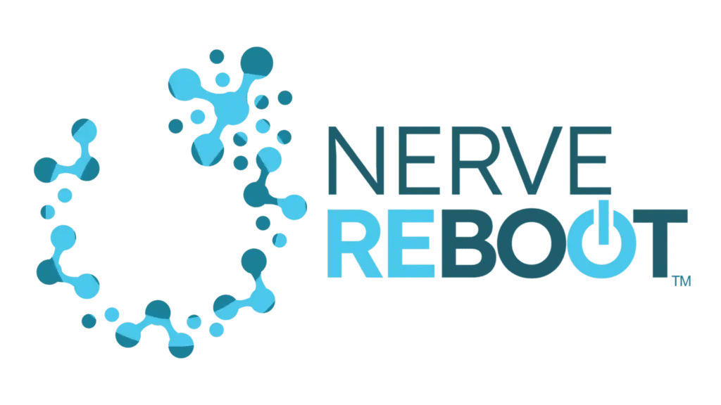 Logo for Nerve Reboot with a circular design of connected blue dots and the text 'Nerve Reboot' in blue and black.