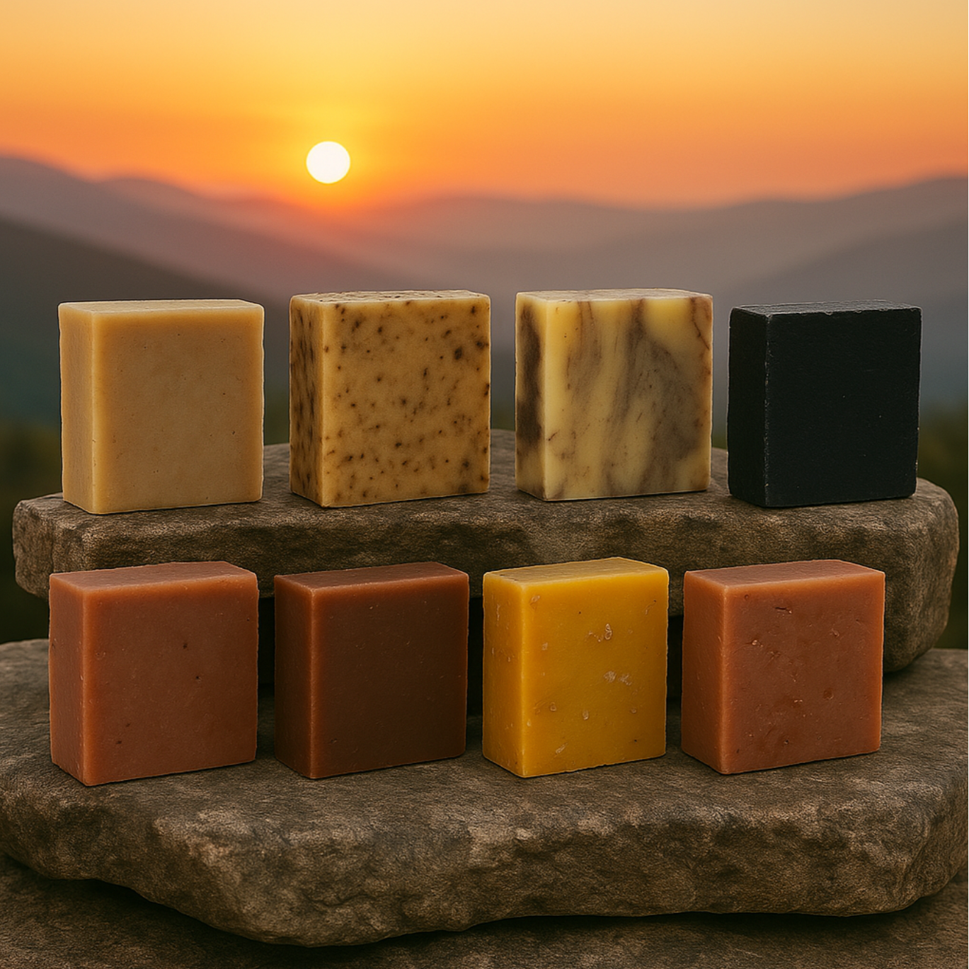 Two rows of rectangular soap bars with eight different colors and textures on a rustic stone slab, sunset background with mountains.