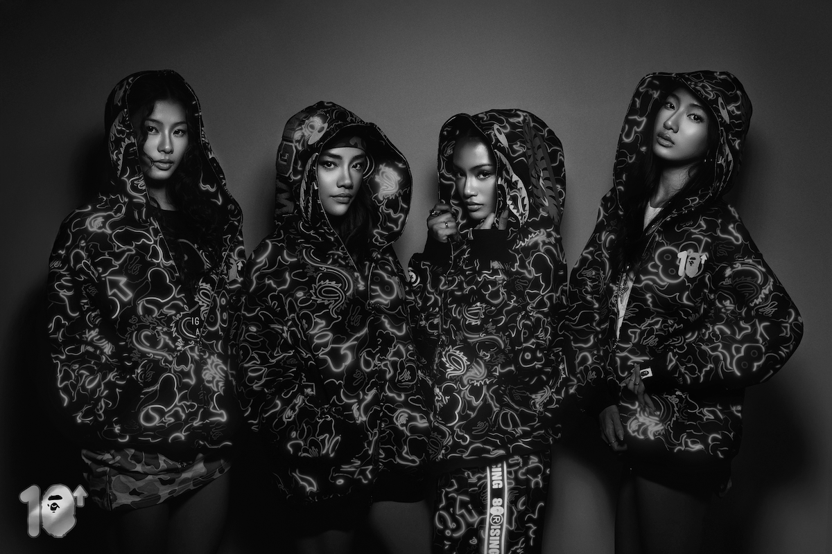Indonesian girl group No Na wears 88rising x A Bathing Ape (BAPE)'s glow in the dark shark hoodie in their first ever global fashion campaign.