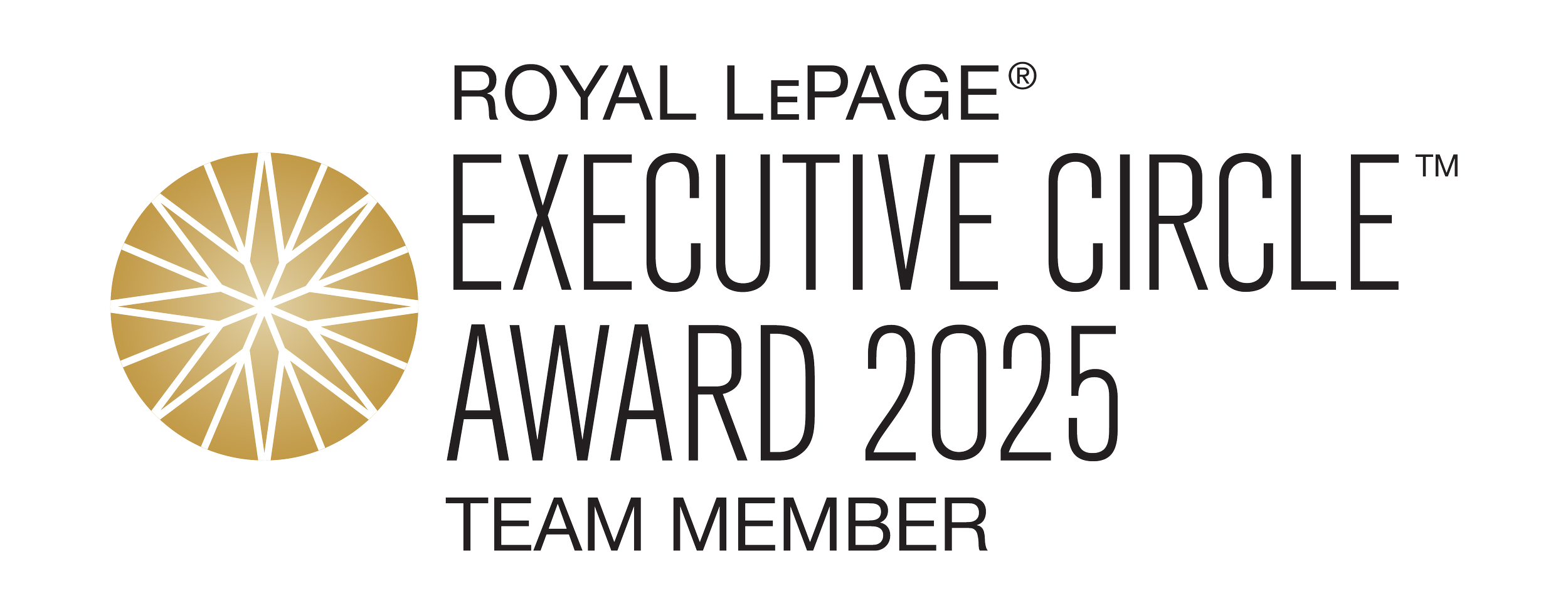 Royal LePage Executive Circle Award 2025 Team Member badge featuring a gold geometric circle and black and white text.