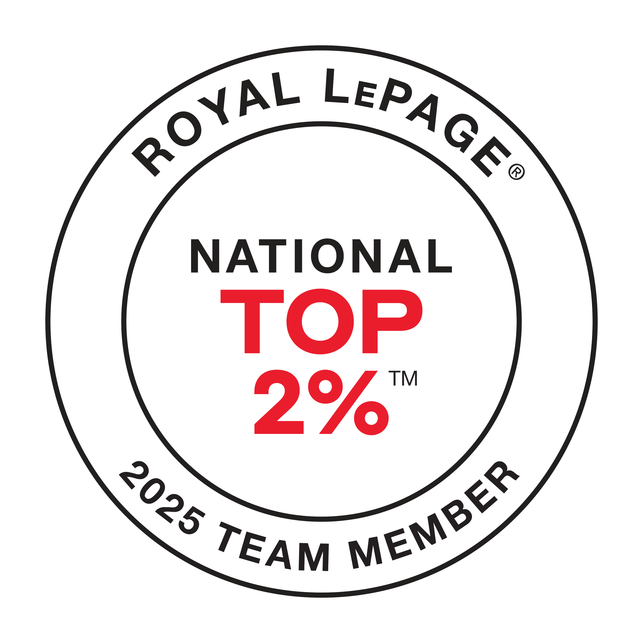 A circular black badge with a silver outline featuring the text 'Royal LePage' around the top edge, '2025 Team Member' around the bottom edge, and 'National Top 2%' in the center, with 'TOP' and '2%' in red.