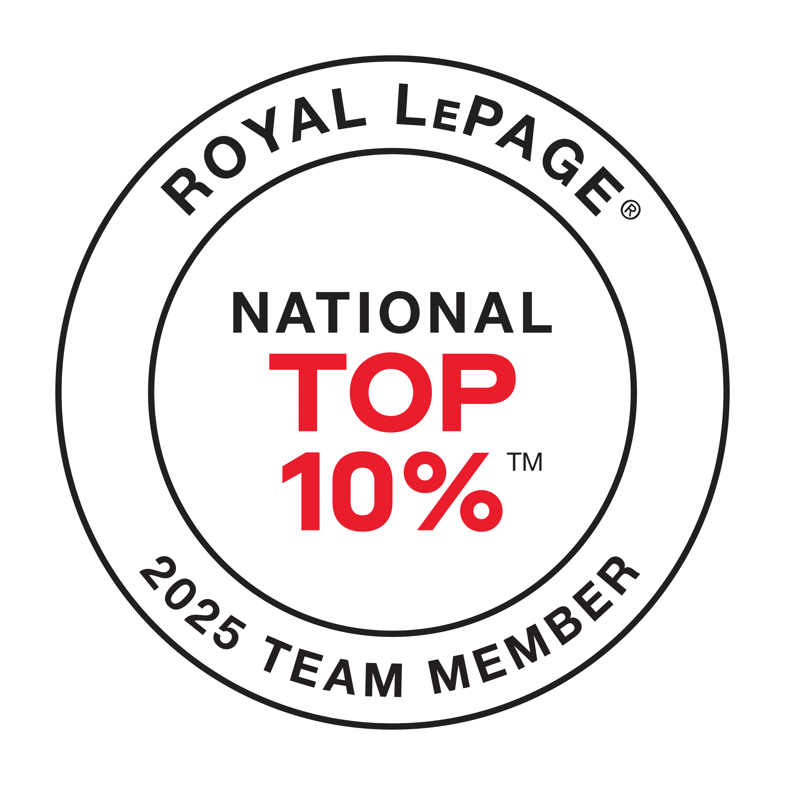 Royal LePage logo with black circle, red text 'Top 10%', and black text 'National' and '2025 Team Member'.