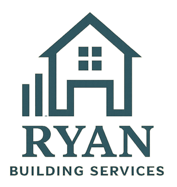 Logo for Ryan Building Services featuring a stylized house with four windows and a roof, and the company name beneath.
