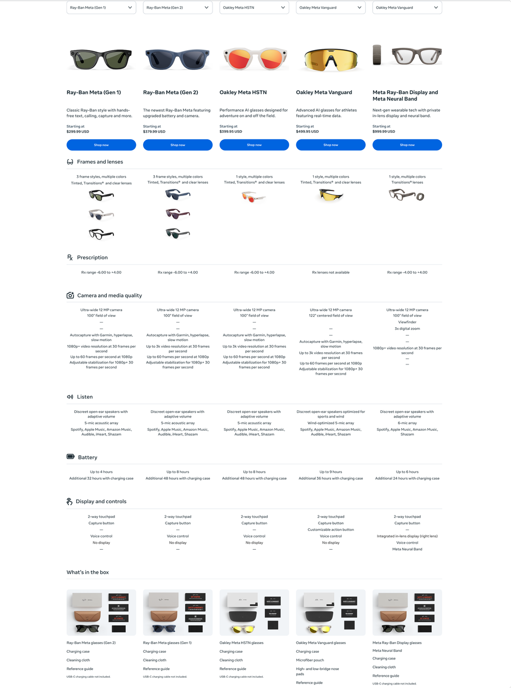 Full desktop comparison page with AI glasses products compared across frames, prescription, camera, audio, battery, display and box contents