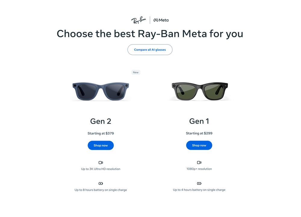 Ray-Ban product marketing page comparing Gen 1 and Gen 2 Ray-Ban Meta glasses