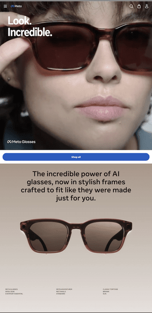 Screenshot of the live Meta Glasses landing page hero, June 2026, showing an extreme close-up of a face wearing tortoise-shell frames with the headline Look. Incredible.
