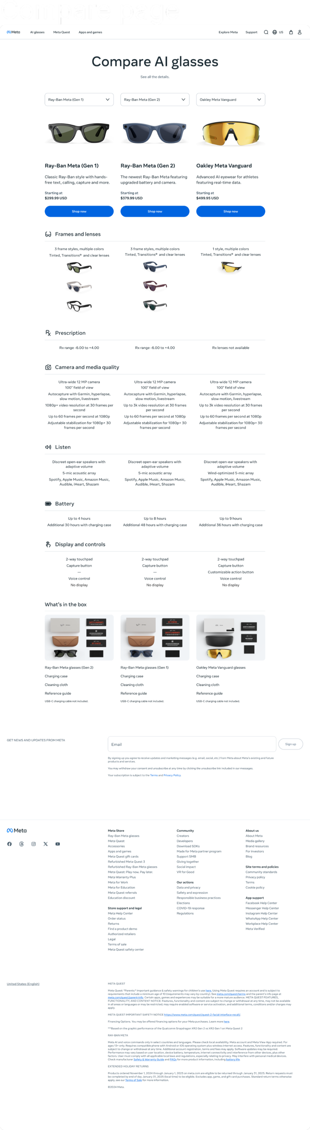 Desktop compare page for AI glasses showing three products side by side