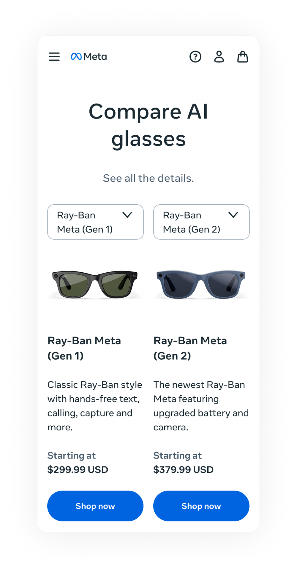 Mobile compare page showing two AI glasses products compared side by side