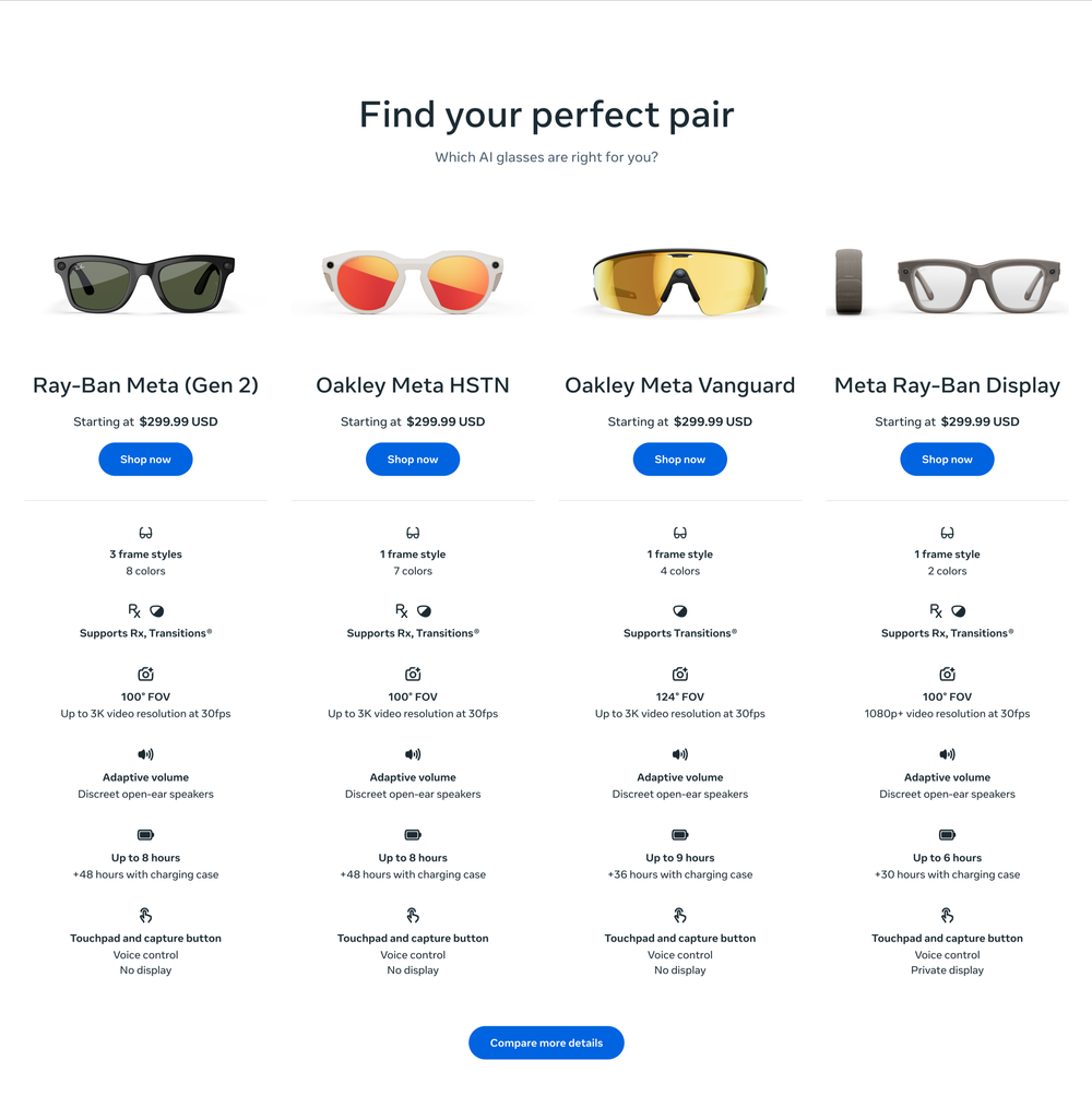 Collection page module showing AI glasses products and a call to compare more details
