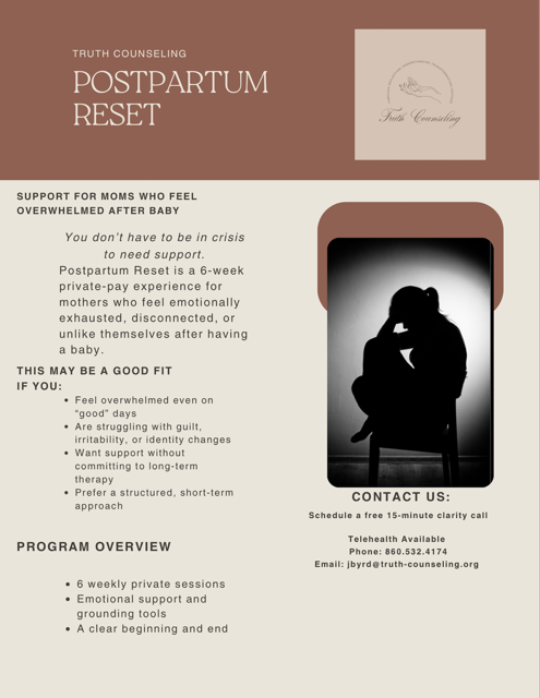 Brochure for Truth Counseling's Postpartum Reset program for overwhelmed moms, with a silhouette of a woman sitting on a chair with her head down and hands on her knees.