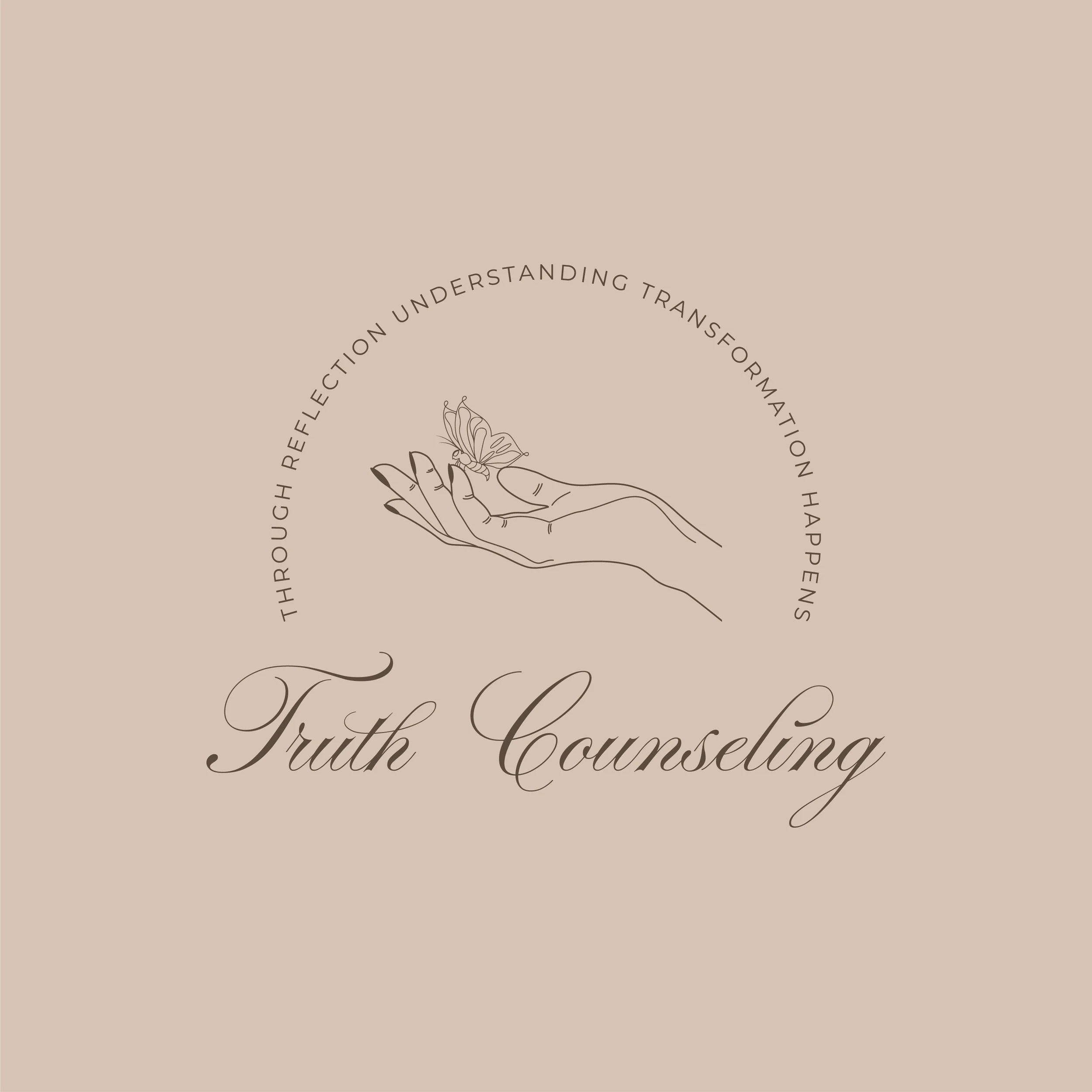 A logo featuring a line drawing of a hand holding a butterfly, with the text 'Truth Counseling' in elegant script below. Surrounding the hand and butterfly, there is a circular line of text that reads 'Through reflection understanding transformation happens'.