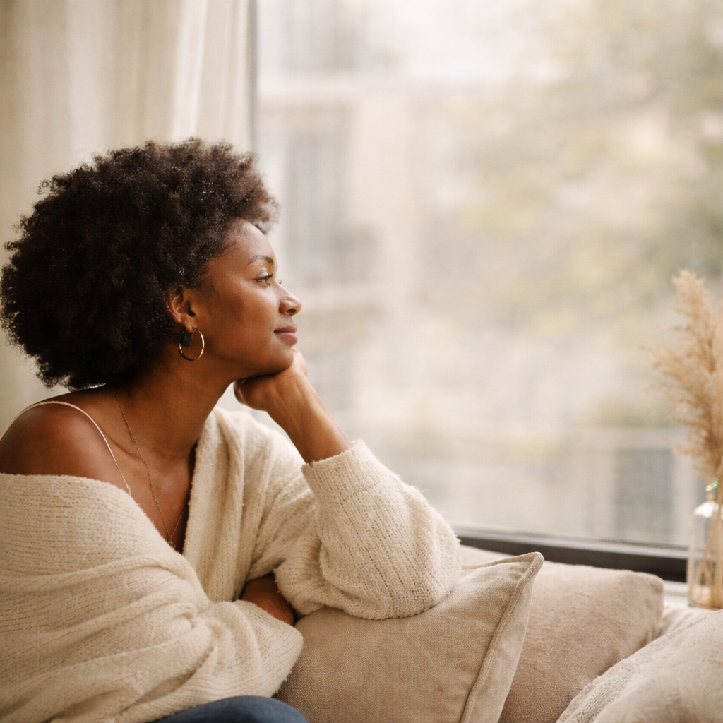 A woman with natural curly hair sitting on a beige sofa with a cushion, gazing thoughtfully out of a window with blinds, during daytime.
