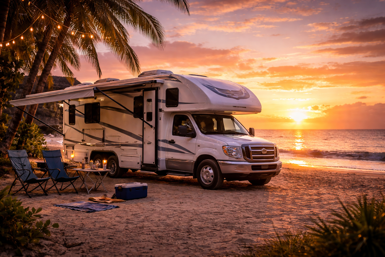 A camper motorhome sitting on the beach at sunset time