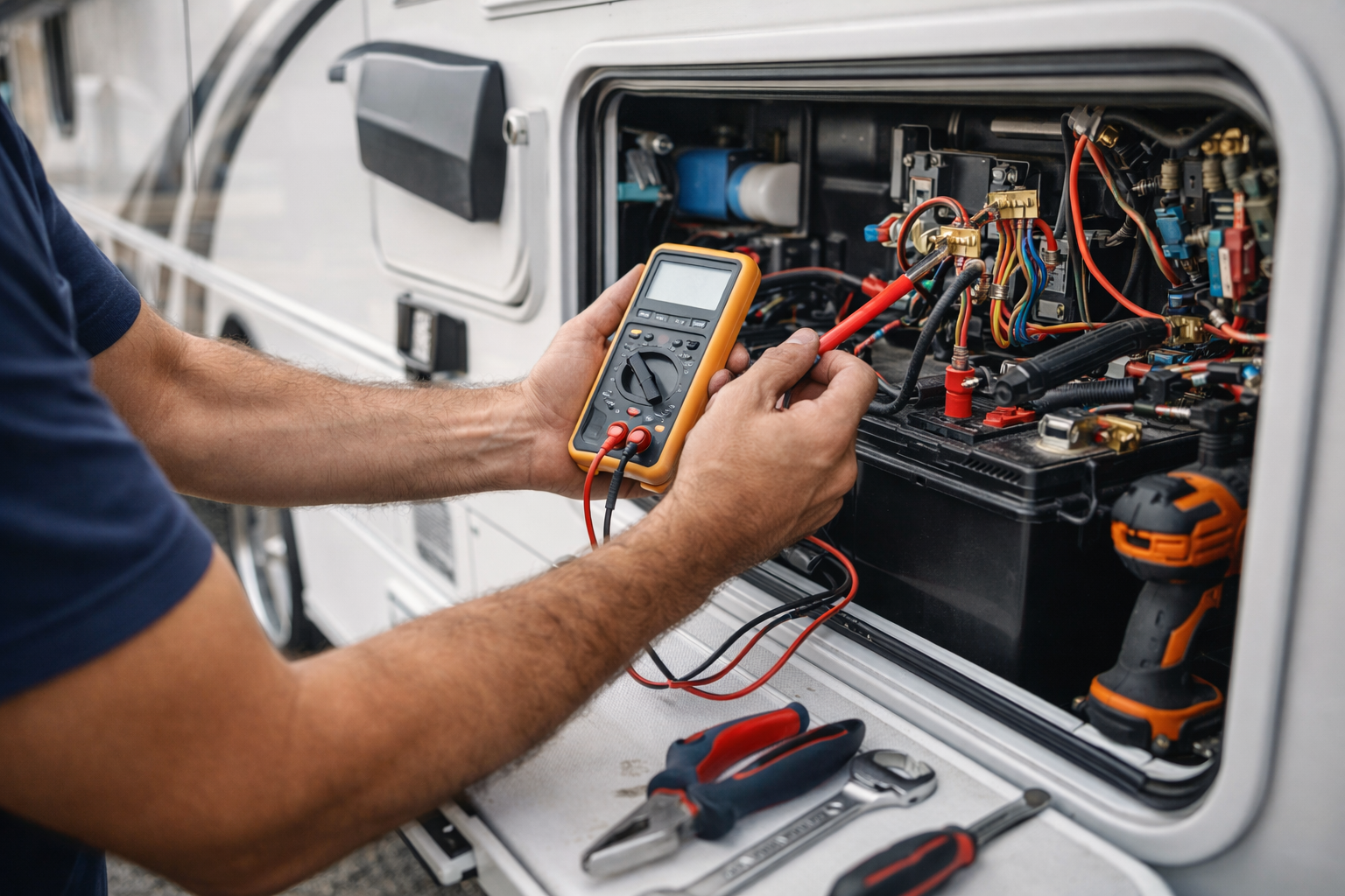 A man holding a multimeter as he works on a camper