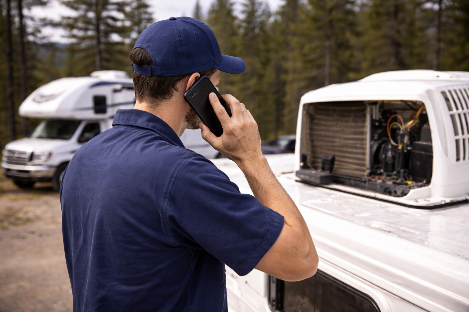 A man holding a cell phone standing in front of a camper AC unit