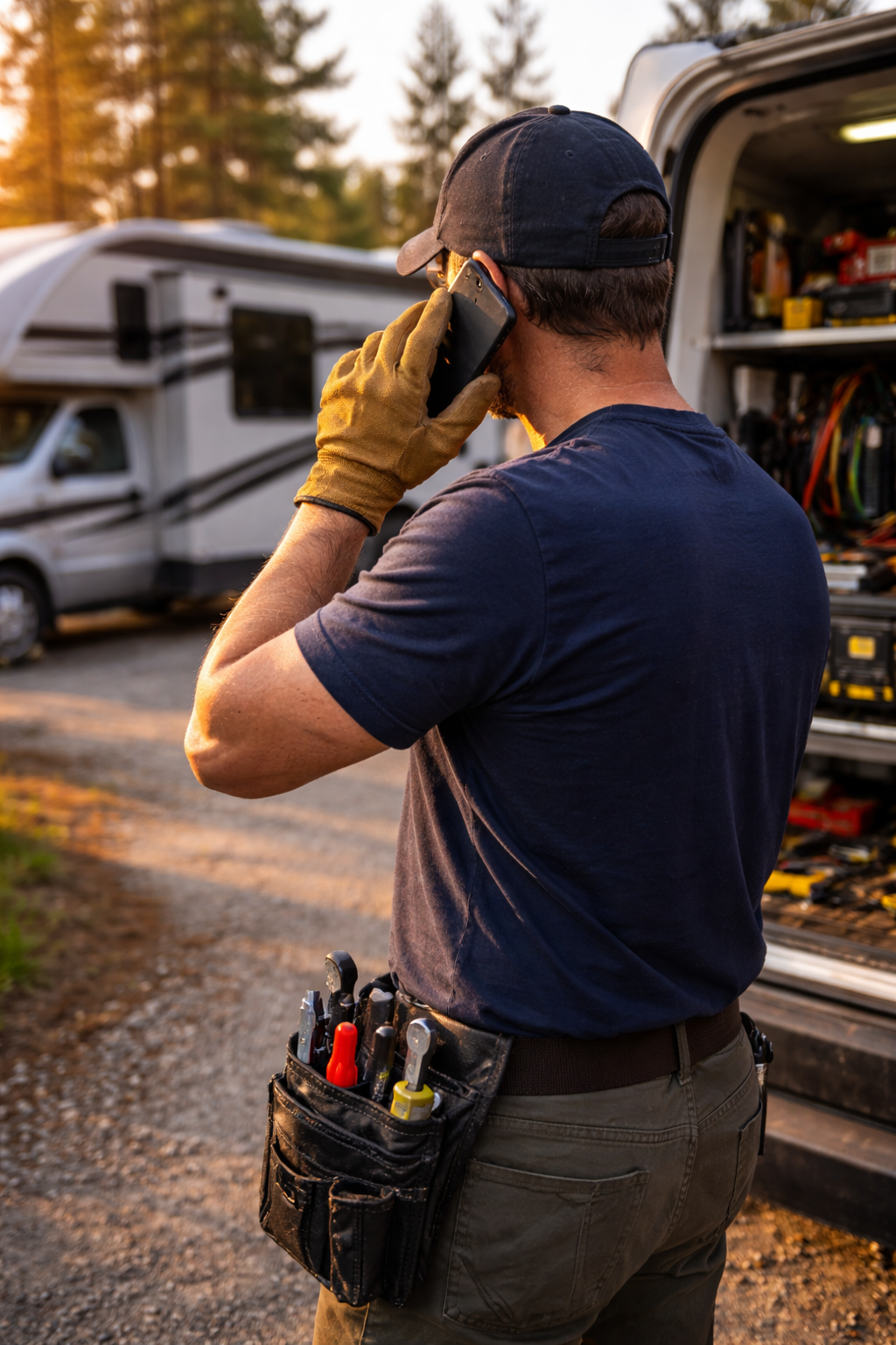 A man wearing a navy T-shirt, brown work pants, and a black baseball cap is talking on a cell phone while standing outdoors near a white RV and a work van with open tools and supplies. He has a tool belt with various tools. The scene is set during sunset with trees in the background.