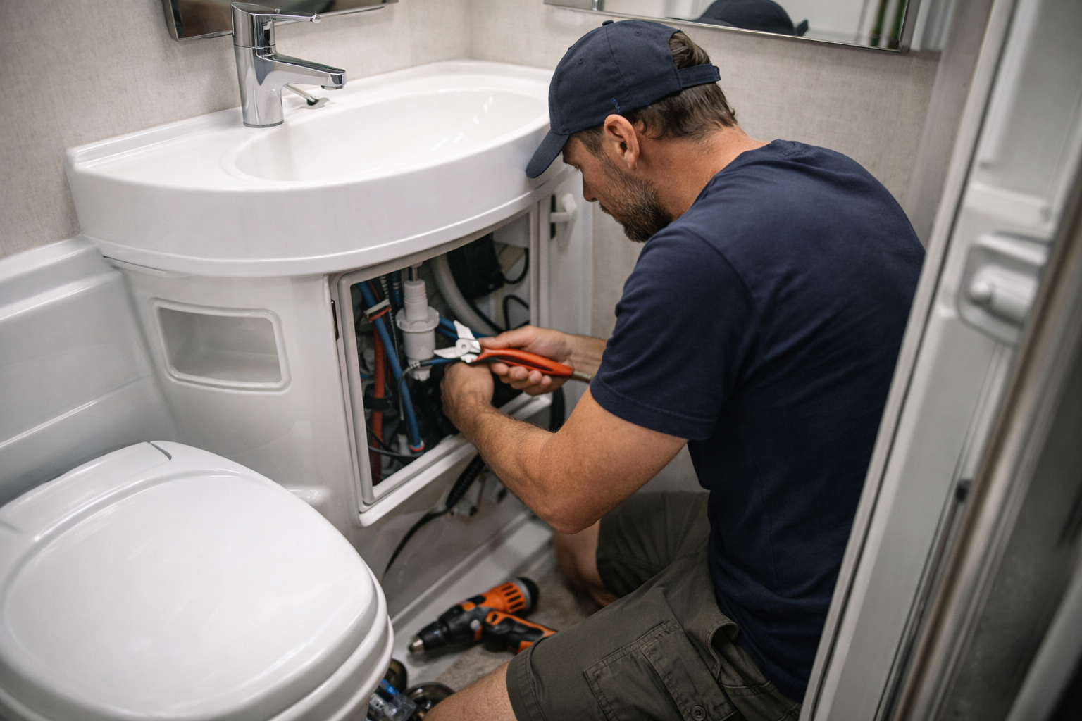 A man working on a camper bathroom under the sink