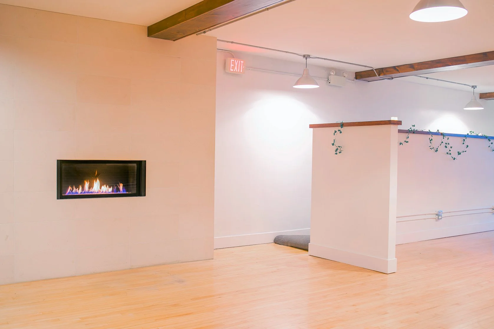 Calm and serene interior studio at Avir Wellness featuring a modern fireplace, designed to create a warm and professional environment for wellness sessions, classes, and independent practitioners.