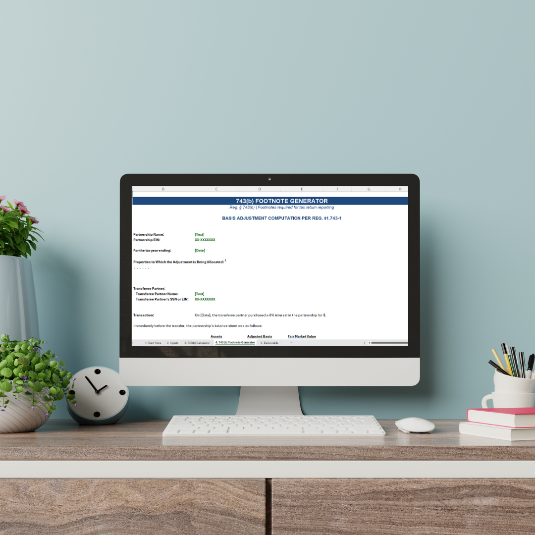 Computer monitor on a wooden desk displaying a financial spreadsheet with a light blue wall background, with a potted plant, a clock, and a cup with pens on the desk.