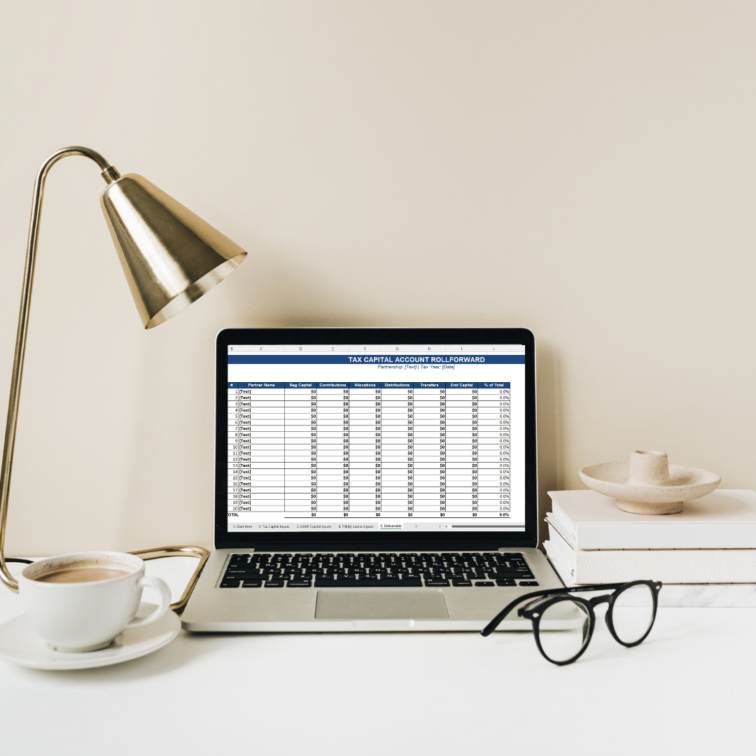 Laptop on white desk displaying a tax spreadsheet, with a cup of coffee, glasses, a desk lamp, and a stack of white books with a decorative ceramic dish on top.