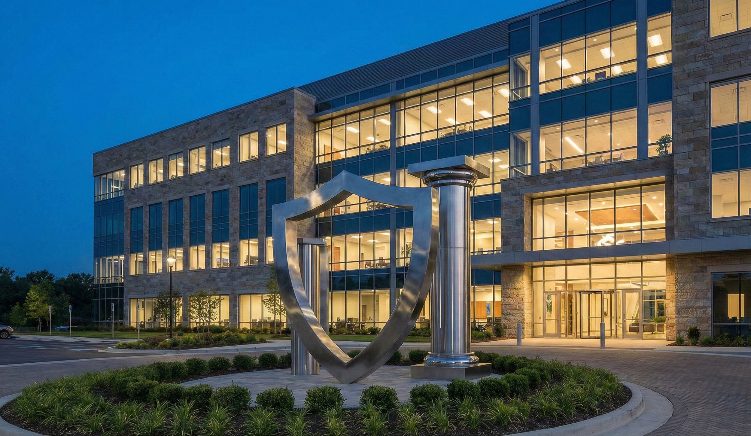 Modern office building with glass windows and illuminated interior, featuring a large metal shield sculpture supported by columns in the front yard, during twilight.
